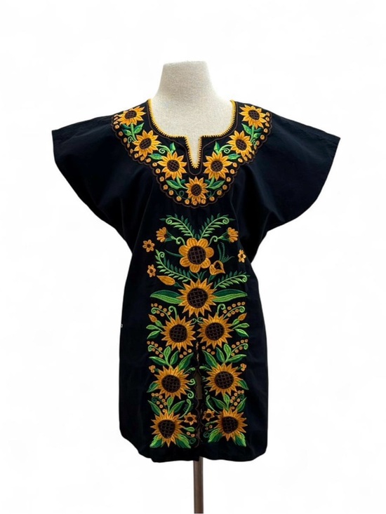 Vintage Dresses & Skirts - Vintage Mexican Black Embroidered Sunflower Tunic Dress Boho Folk Art Size S-XL